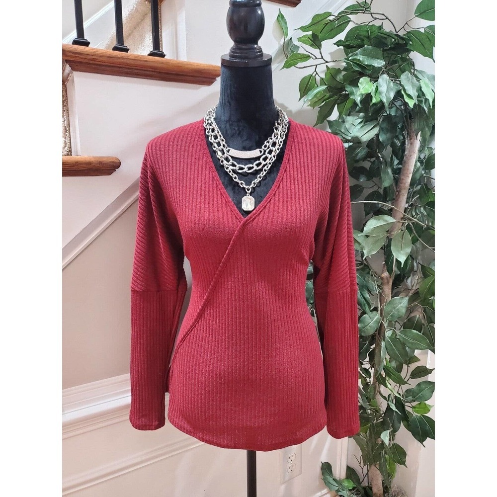 Coeur De Vague Women Maroon Polyester V-Neck Long Sleeve‎ Pullover Blouse Size L